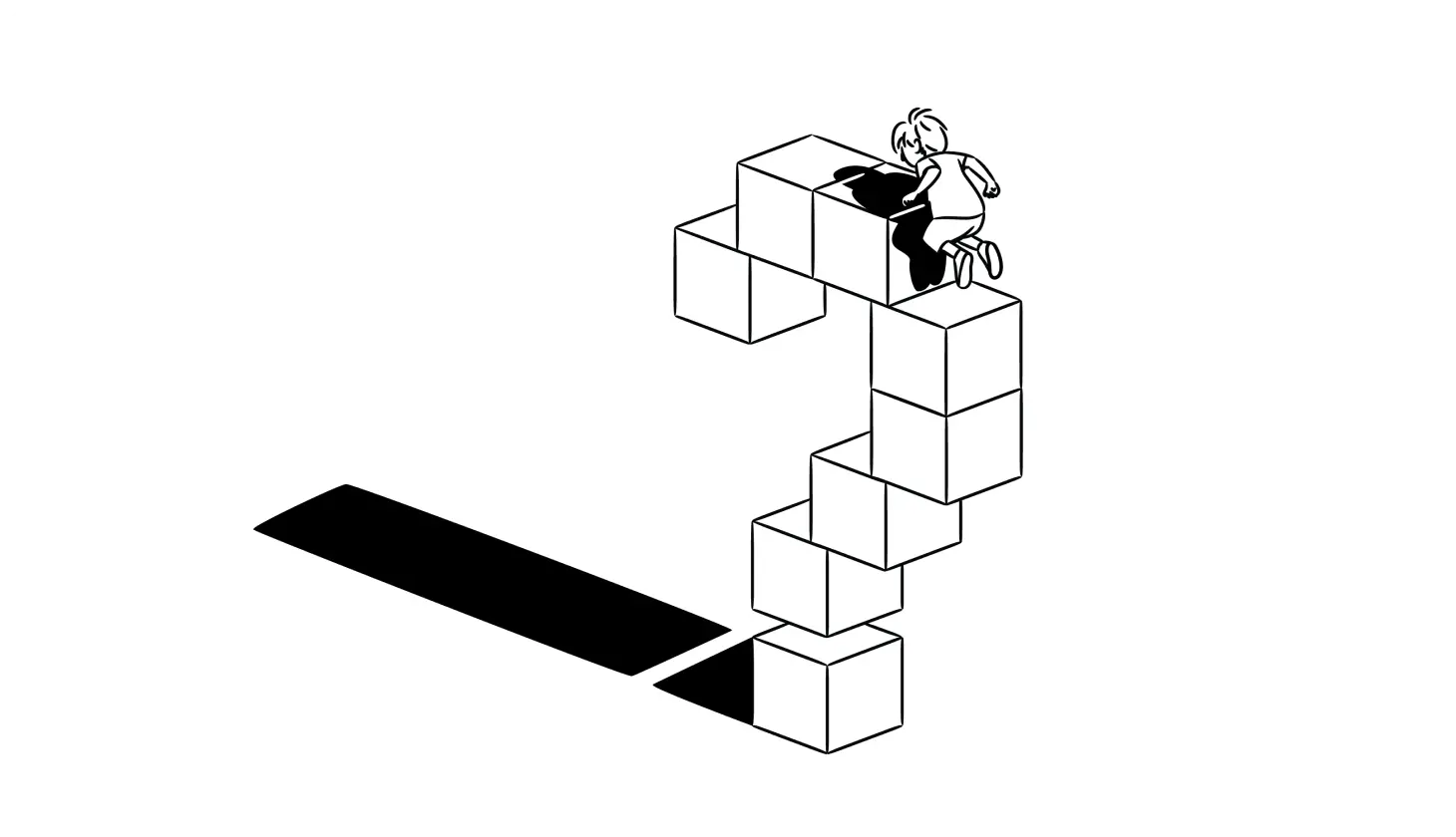An illustration of a question mark made out of Minecraft-style blocks with a child on top